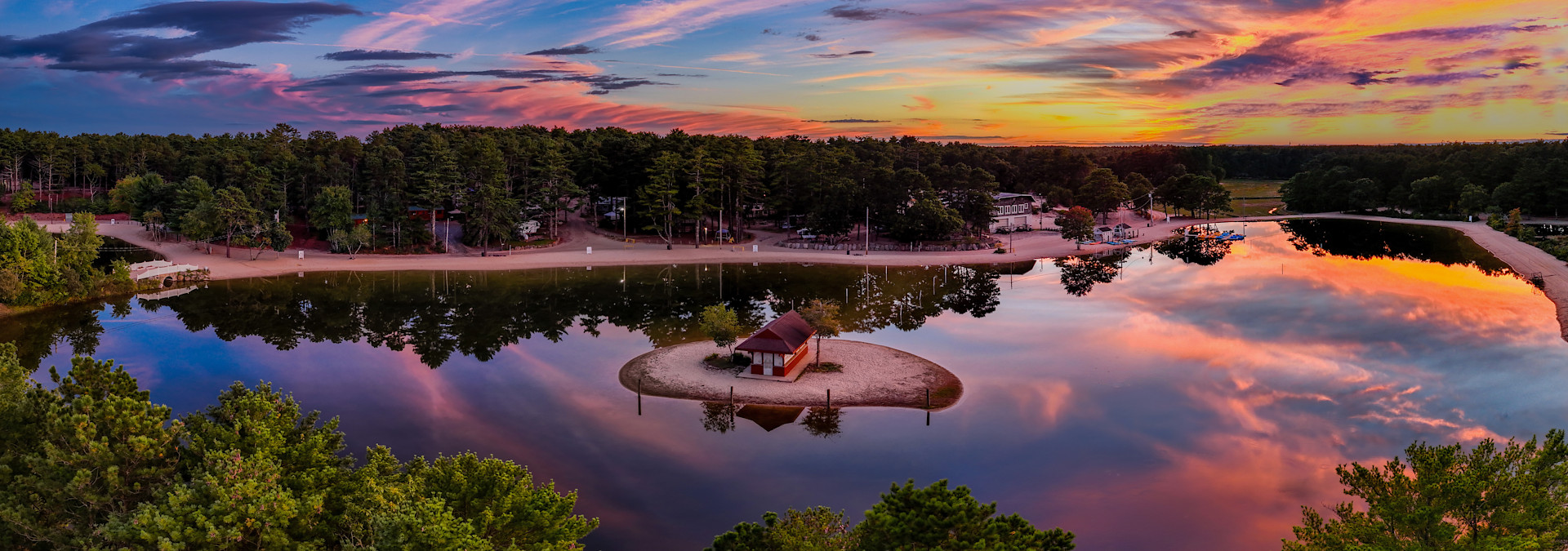 Lake in the evening overhead view